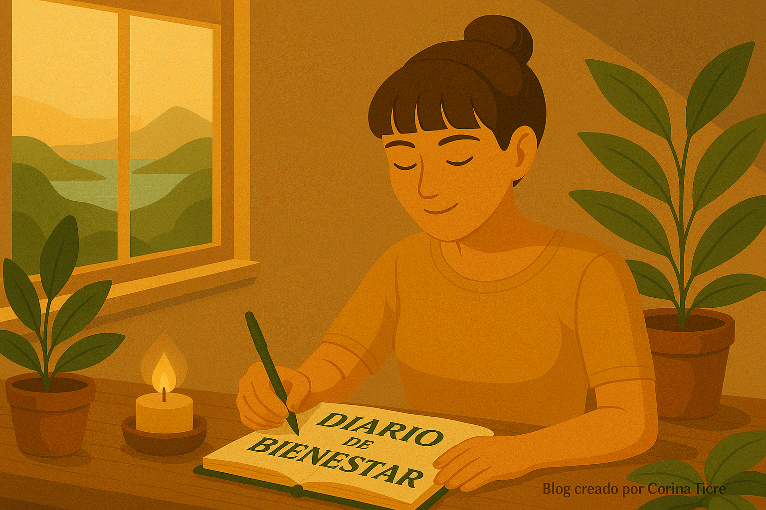 Mujer escribiendo diario blog sobre bienestar