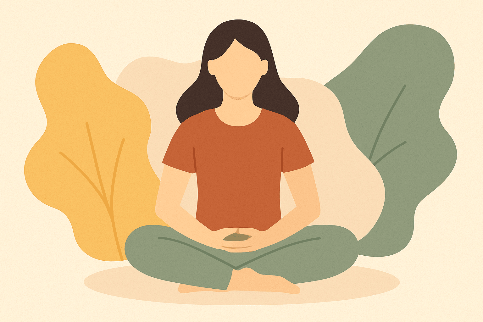 Ilustración minimalista de una persona meditando en casa, frente al ordenador, como parte de un curso online de bienestar emocional.