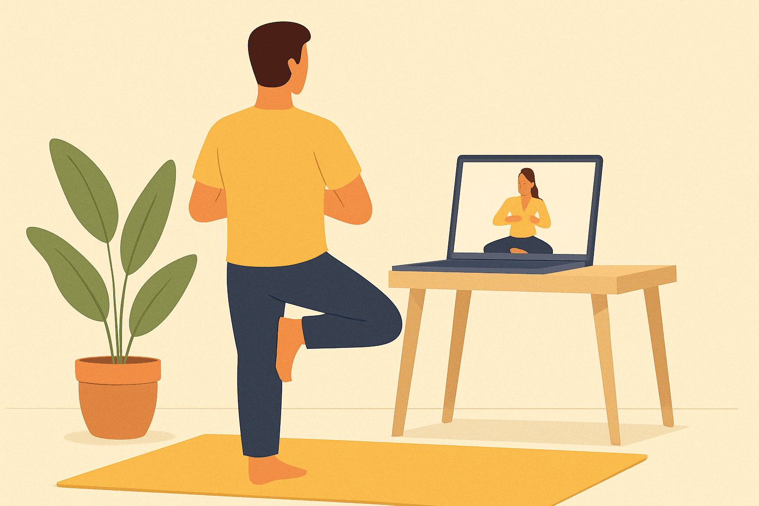 Ilustración de un hombre practicando una postura de yoga (el árbol) frente a su ordenador, como parte de un curso online de educación emocional.