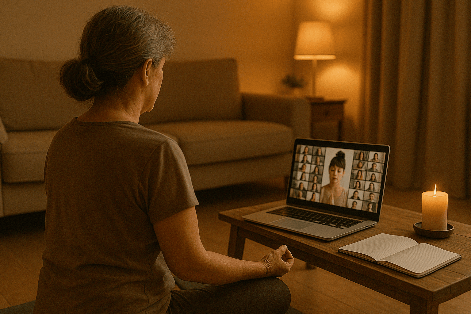 mujer_meditando_curso_corina_ticre (3) Mujer meditando en sala interior con ordenador portátil, durante una sesión online de meditación guiada y educación emocional, corina ticre