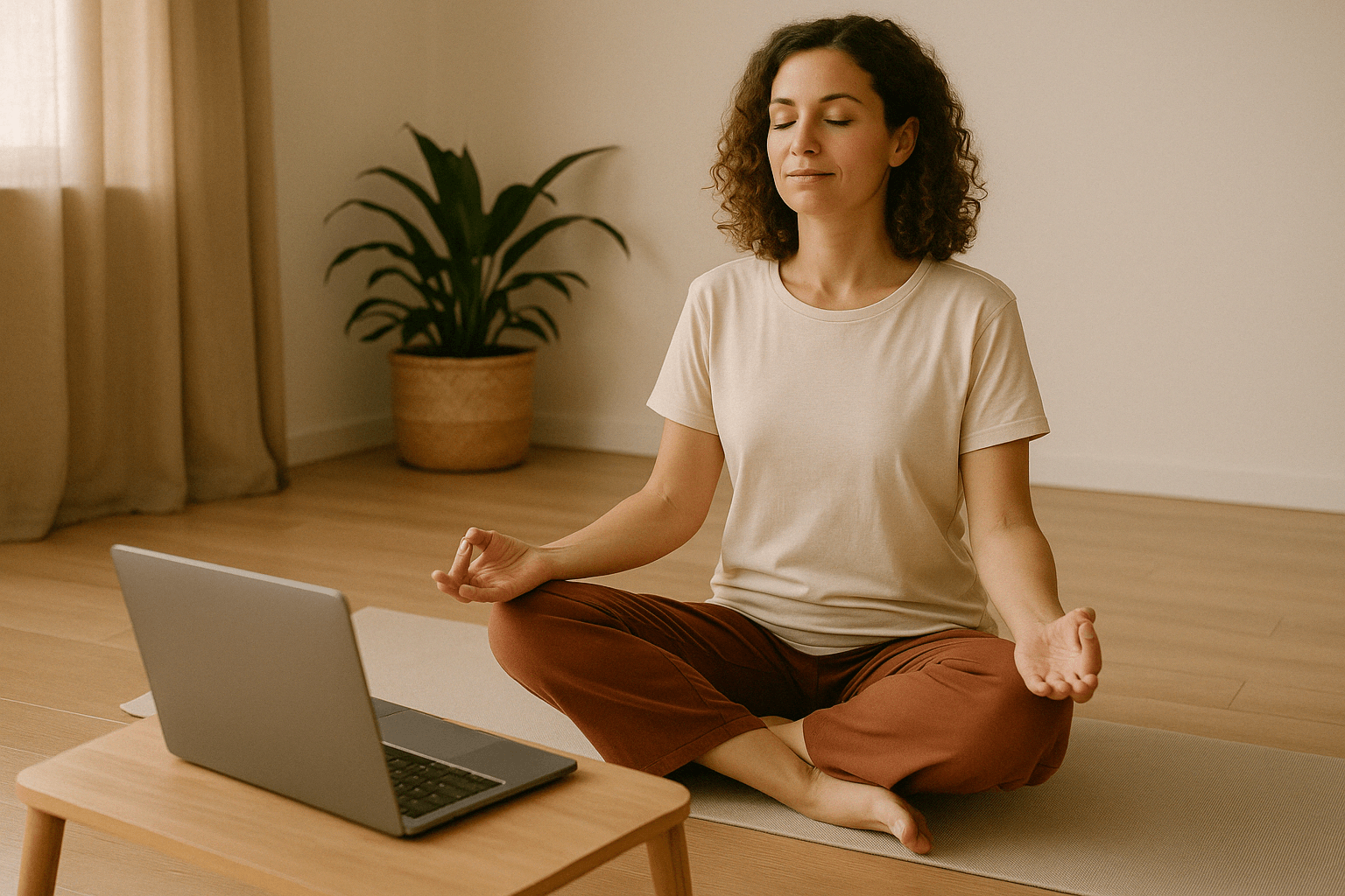 Mujer meditando en sala interior con ordenador portátil, durante una sesión online de meditación guiada y educación emocional, corina ticre