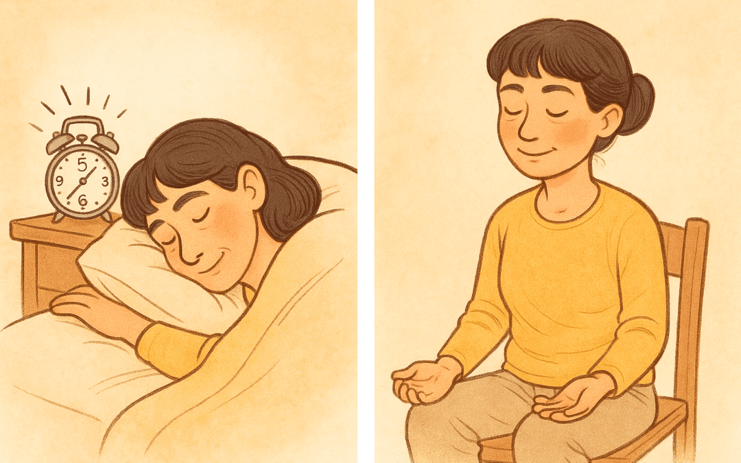 Ilustración de una mujer despertando al amanecer y meditando en una silla, símbolo de cómo integrar el hábito de meditar en la rutina diaria.