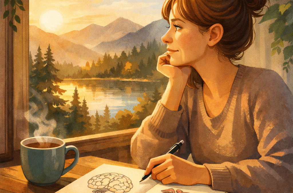 Mujer de unos 50 años observando el paisaje mientras reflexiona sobre cuerpo, emociones y educación para la salud